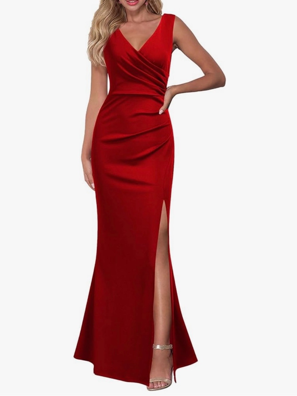 Sleeveless Red V-Neck Maxi Dress with Side Slit